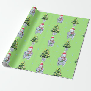 Weißer Bär hält ein Geschenk und grüner Baum Geschenkpapier