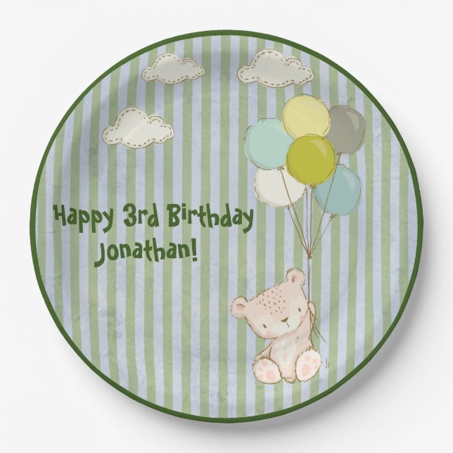 Weißer Bär mit Balloons Grüne rustikale Typografie Pappteller (Vorderseite)