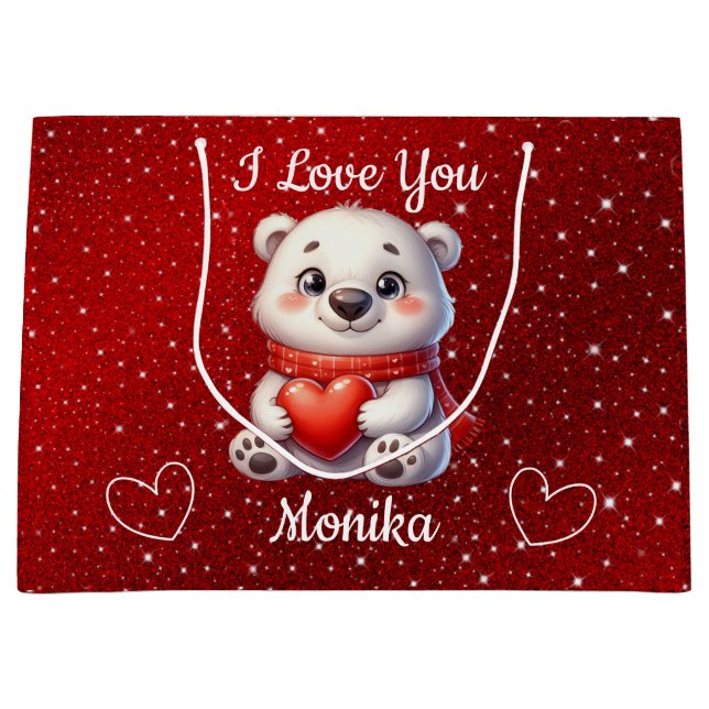 Weißer Bär & Rot I Liebe Sie Personalisierter Name Große Geschenktüte (Vorderseite)