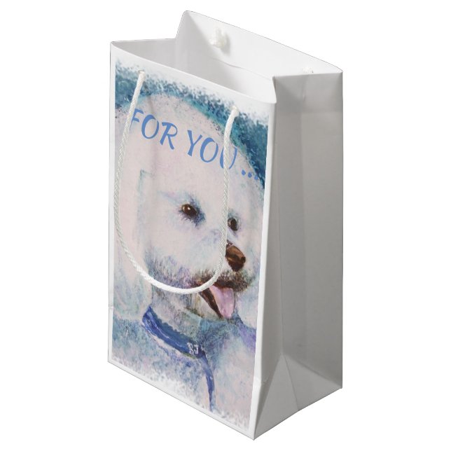 WEISSER BICHON FRISE KLEINE GESCHENKTÜTE (Vorderseite Schrägansicht)