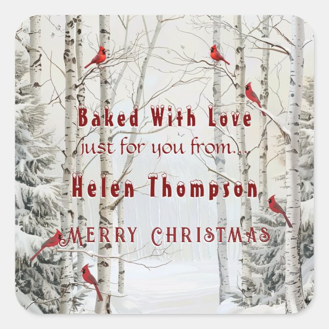 Weißer Birkenbaum Winterwald Rote Kardinäle Quadratischer Aufkleber (Vorderseite)
