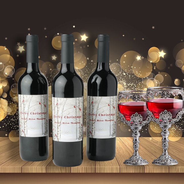 Weißer Birkenbaum Winterwald Rote Kardinäle Weinetikett (Von Creator hochgeladen)