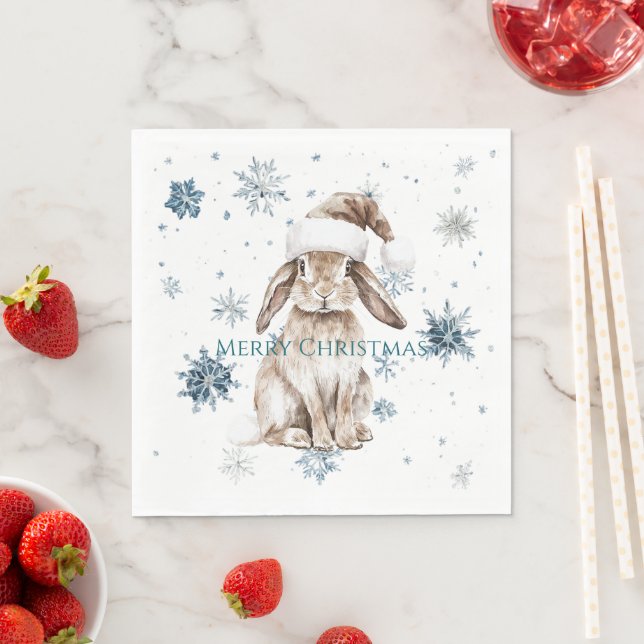 Weißer blauer Schneeblumen-Weihnachtshase Serviette (Beispiel)