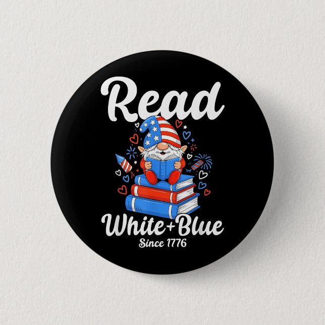 Weißer blauer USA-Gnom lesend 4. Juli Button (Vorderseite)