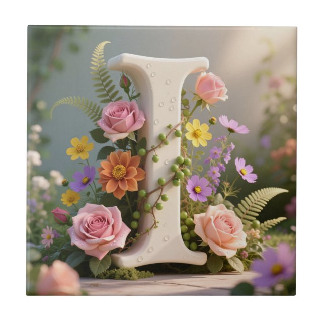Weißer Blumen-Garten-Monogramm-Buchstabe I Fliese (Vorderseite)