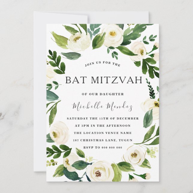 Weißer Blumengarten Moderner Bat Mitzvah Einladung (Vorderseite)