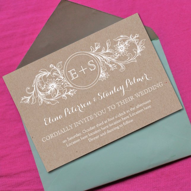 Weißer Blumenrahmen, Initialen einer Hochzeit auf  Einladung (Von Creator hochgeladen)