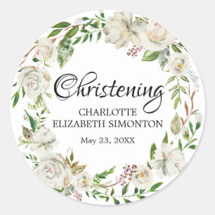 Weißer Blumenreath Christening Umschlag Aufkleber