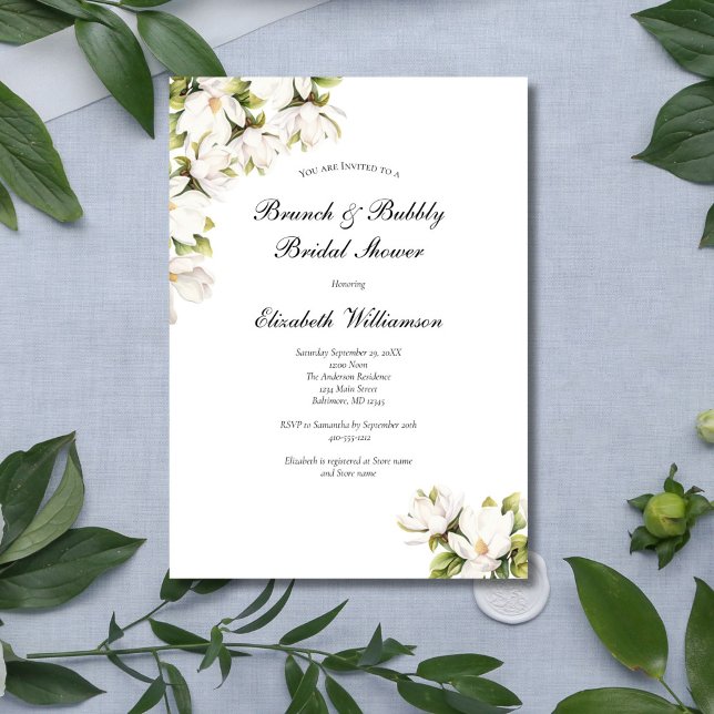 Weißer Blumenstrauß Magnolia Bridal Brunch Bubbly  Einladung (White Magnolia Floral Elegant Bridal Shower invitation, Printed or Instant digital download)