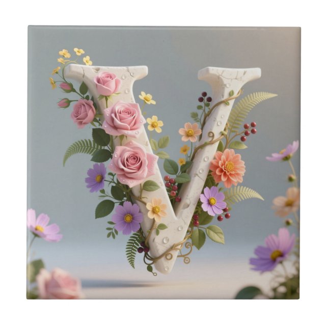 Weißer, blumiger, texturierter Monogramm-Buchstabe Fliese (Vorderseite)