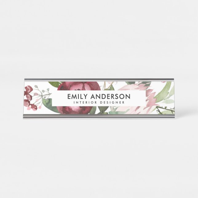 WEISSER BLUSTER PINK BURGUNDY PROTEA FLORAL WATERC SCHREIBTISCHNAMENSPLAKETTE (Vorderseite )