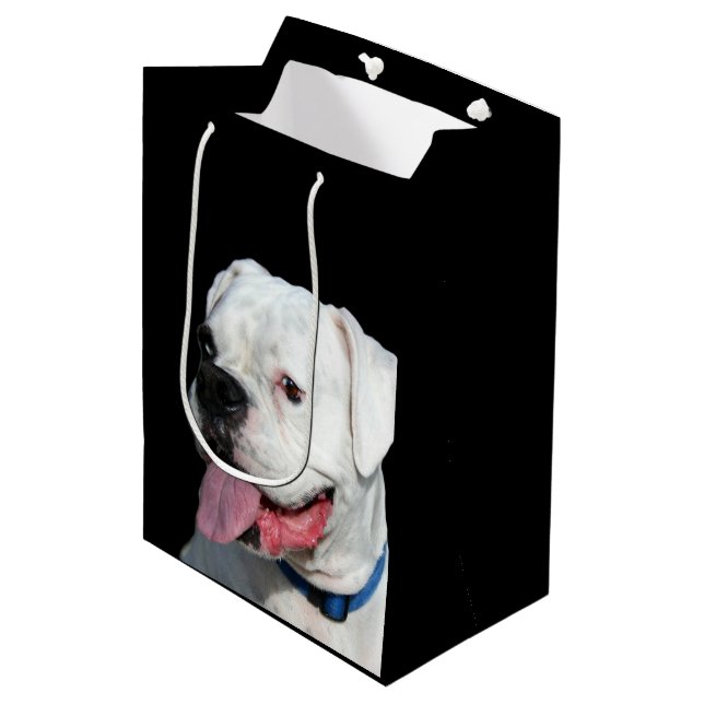 Weißer Boxerhund Mittlere Geschenktüte (Vorderseite Schrägansicht)