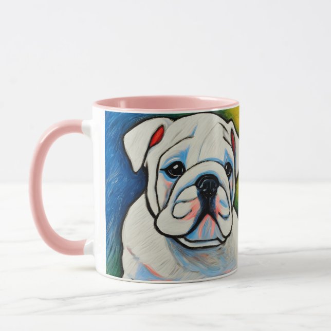 Weißer Bulldogge Welpenkräuter sehen Tasse aus (Links)