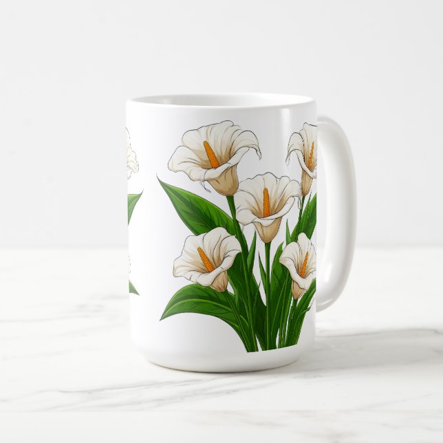 Weißer Calla-Lilien-Strauß mit grünen Blättern Kaffeetasse (VorderseiteRechts)