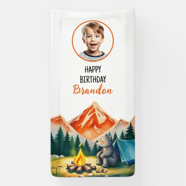Weißer Camping Bär Kinder Foto Geburtstag Banner (Vertikal)