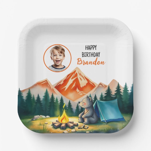 Weißer Camping Bär Kinder Foto Geburtstag Pappteller (Vorderseite)