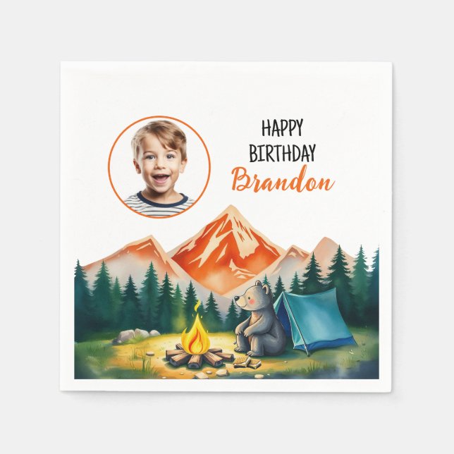 Weißer Camping Bär Kinder Foto Geburtstag Serviette (Vorderseite)