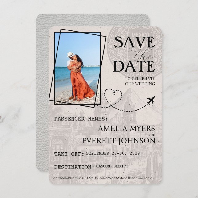 Weißer Cancun-Pass Save the Date (Vorne/Hinten)