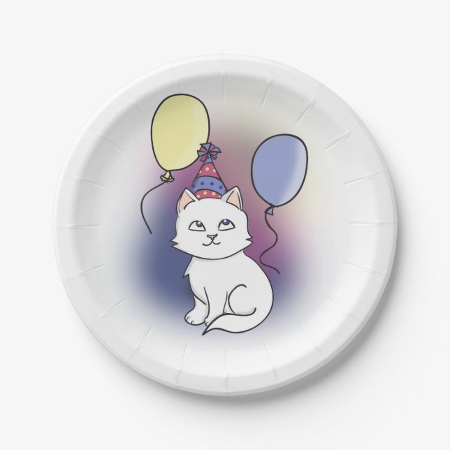 Weißer Cartoon Katze mit Balloons Pappteller (Vorderseite)