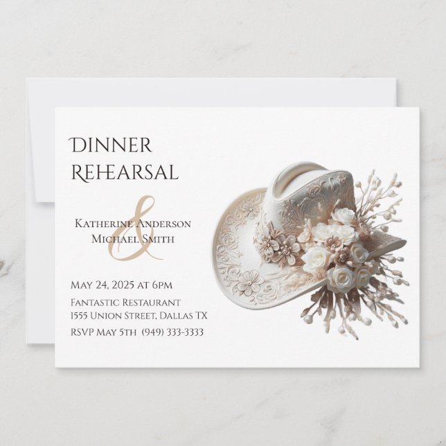 Weißer Cowgirl-Hut mit Blume Einladung (Vorderseite)