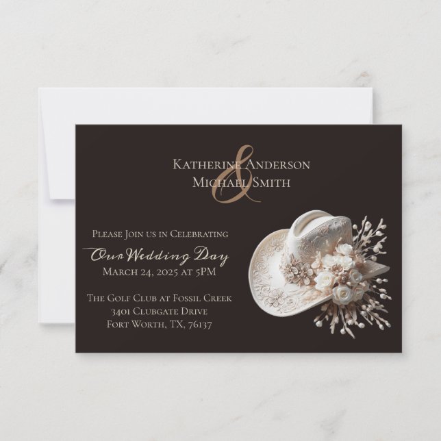 Weißer Cowgirl-Hut mit Blume Hochzeit Einladung (Vorderseite)