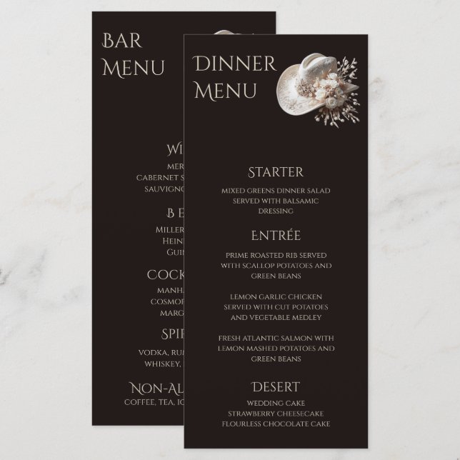 Weißer Cowgirl-Hut mit Blume Hochzeit Menükarte (Vorne/Hinten)