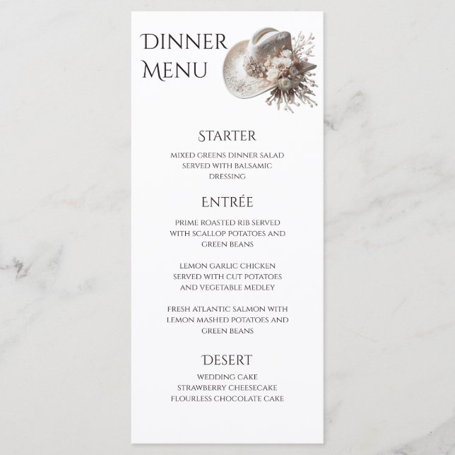 Weißer Cowgirl-Hut mit Blume Hochzeit Menükarte (Vorderseite)