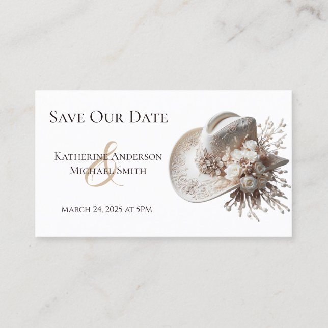 Weißer Cowgirl-Hut mit Blume Hochzeit Visitenkarte (Vorderseite)