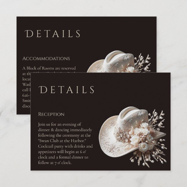 Weißer Cowgirl Hut mit Blume Hochzeitsdetails Begleitkarte (Vorne/Hinten)