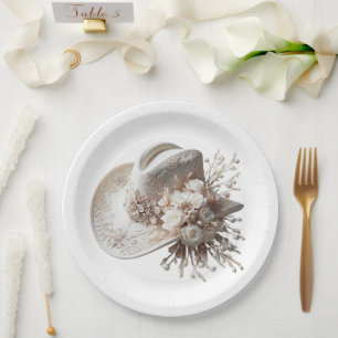 Weißer Cowgirl-Hut mit Blume Pappteller