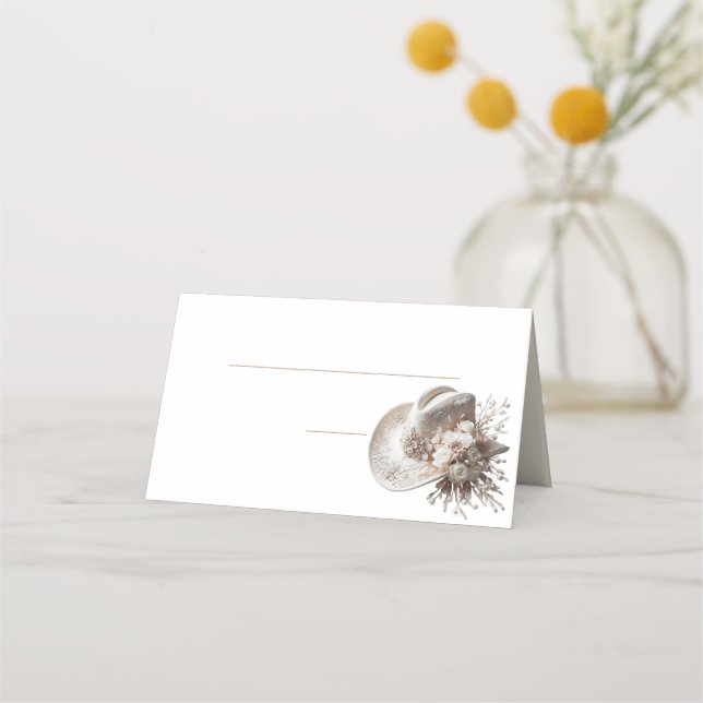 Weißer Cowgirl-Hut mit Blume Platzkarte (Rückseite)