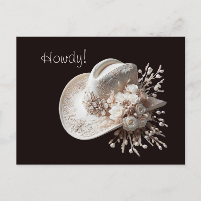Weißer Cowgirl-Hut mit Blume Postkarte (Vorderseite)