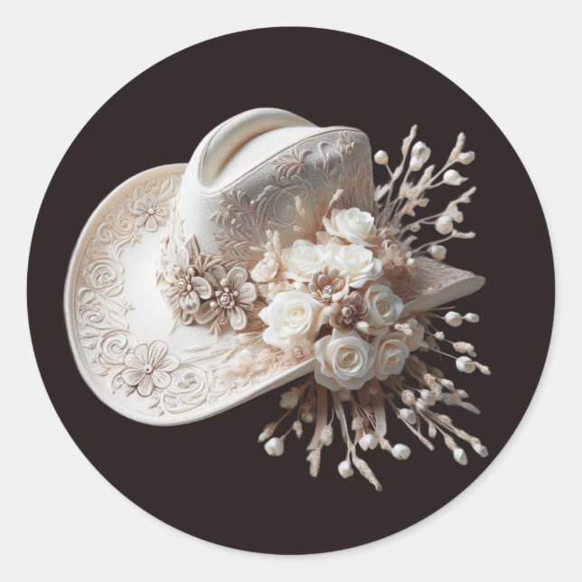 Weißer Cowgirl-Hut mit Blume Runder Aufkleber (Vorderseite)