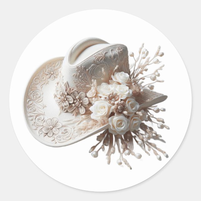 Weißer Cowgirl-Hut mit Blume Runder Aufkleber (Vorderseite)