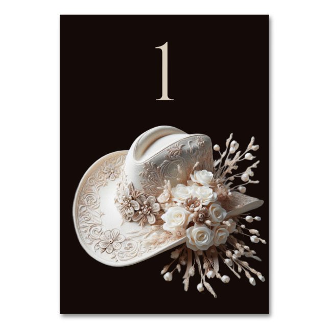 Weißer Cowgirl-Hut mit Blume Tischnummer (Vorderseite)