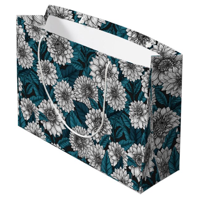 Weißer Dahlia-Garten/blaue Blätter 2 Große Geschenktüte (Rückseite Schrägansicht)