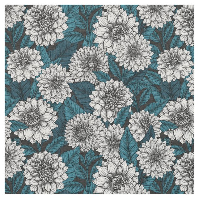 Weißer Dahlia-Garten/blaue Blätter 2 Stoff (Nahaufnahme)