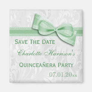 Weißer Damast & Schleife Quinceañera Save The Date Magnet