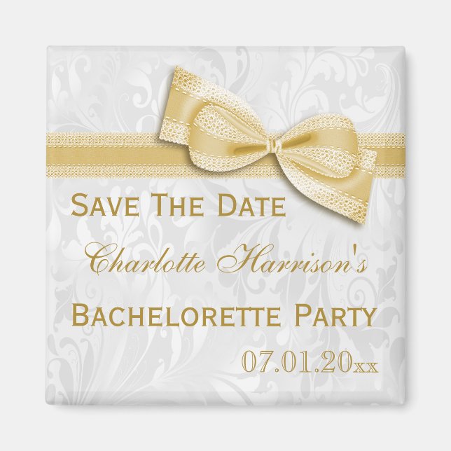 Weißer Damast-u. Imitat-Bogen Bachelorette Save Magnet (Vorne)