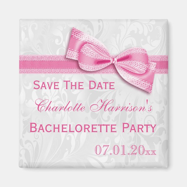 Weißer Damast u. rosa Bogen Bachelorette Save the Magnet (Vorne)