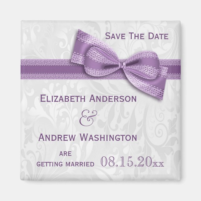 Weißer Damast und Imitat beugt Save the Date Magnet (Vorne)