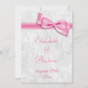 Weißer Damast und Imitat Rosa Bow Hochzeit Einladung