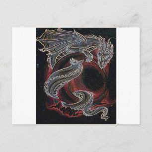 Weißer Drache, roter Mond auf schwarz Postkarte