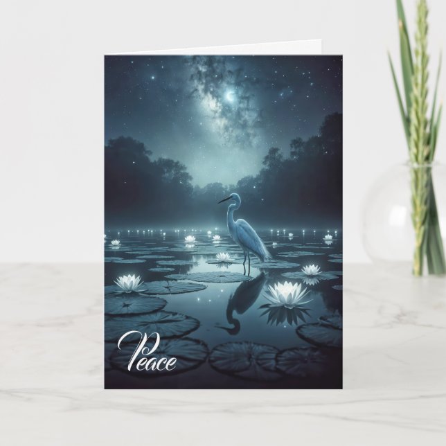 Weißer Egret mit Wasser-Lilien-Beileid Karte (Vorderseite)