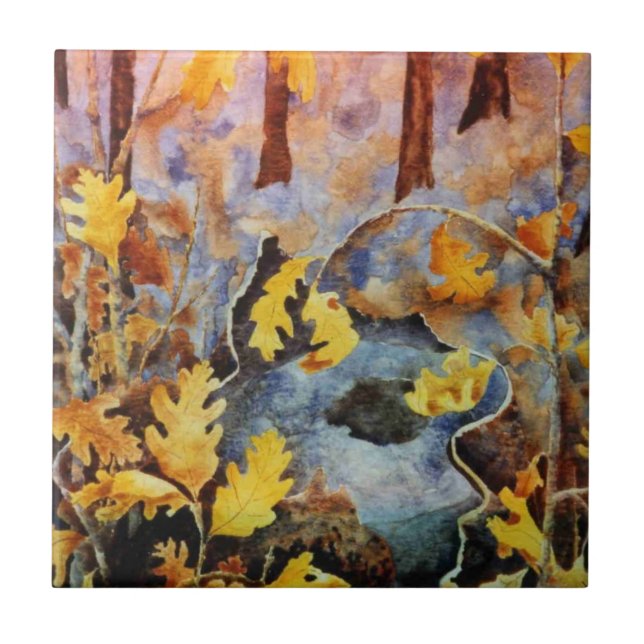 Weißer Eichenstumpf im Herbst mit Sprossen Fliese (Vorderseite)