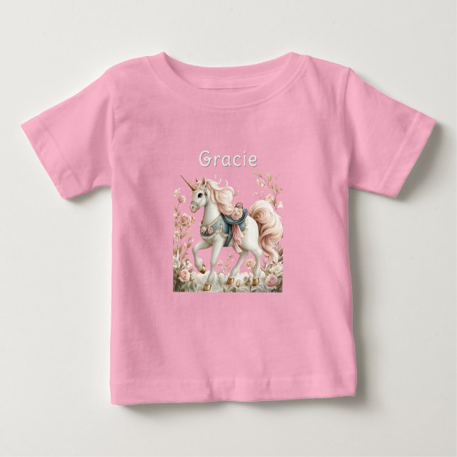 Weißer Einhorn Rose Goldene Hornhaut Blauer Sattel Baby T-shirt (Vorderseite)
