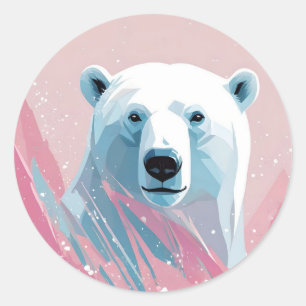 Weißer Eisbär, rosa, blauer Hintergrund. Runder Aufkleber