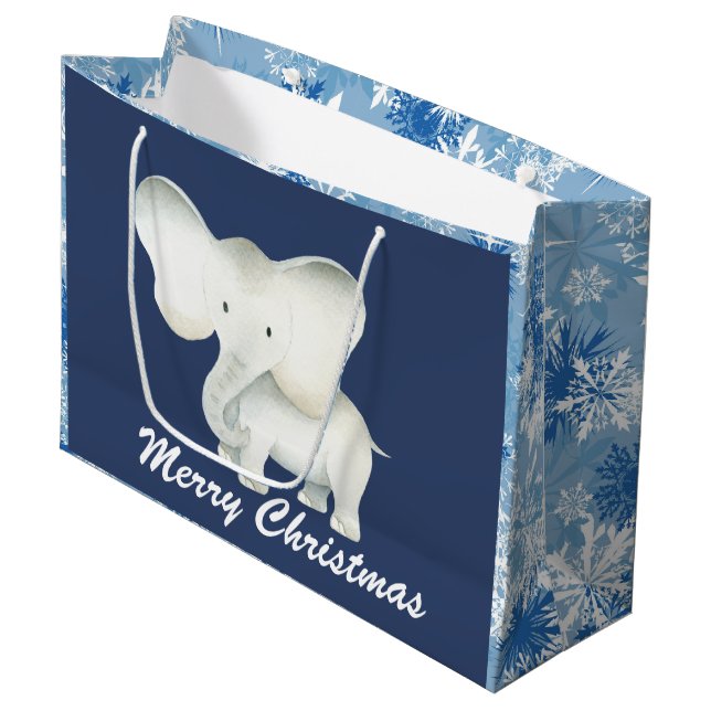 Weißer Elefant, blaue Schneeflocke Weihnachts-Part Große Geschenktüte (Vorderseite Schrägansicht)