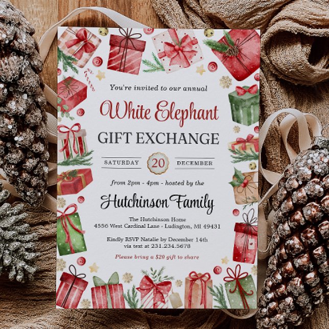Weißer-Elefant-Geschenkaustausch-Party-Einladung Einladung (White Elephant Gift Exchange Party Invitation)