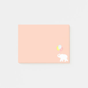 Weißer Elefant mit Ballons auf korallenrosa Post-it Klebezettel